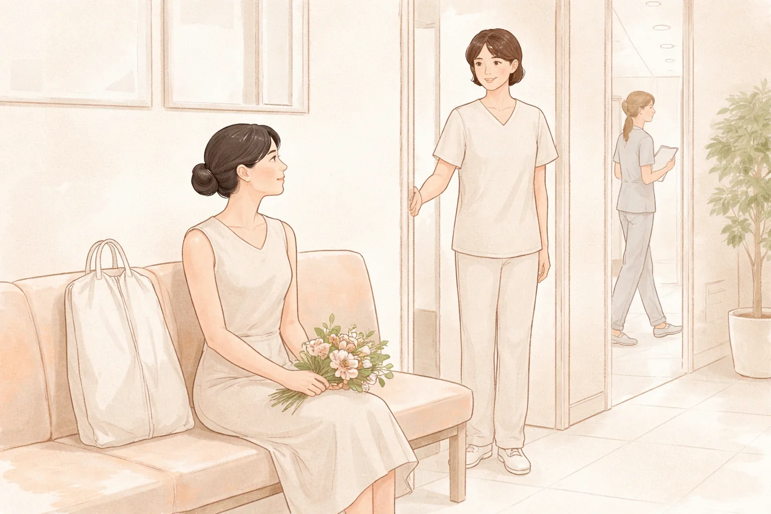 치료실에서 꽃다발을 든 여자와 나온 여자가 대화하는 모습