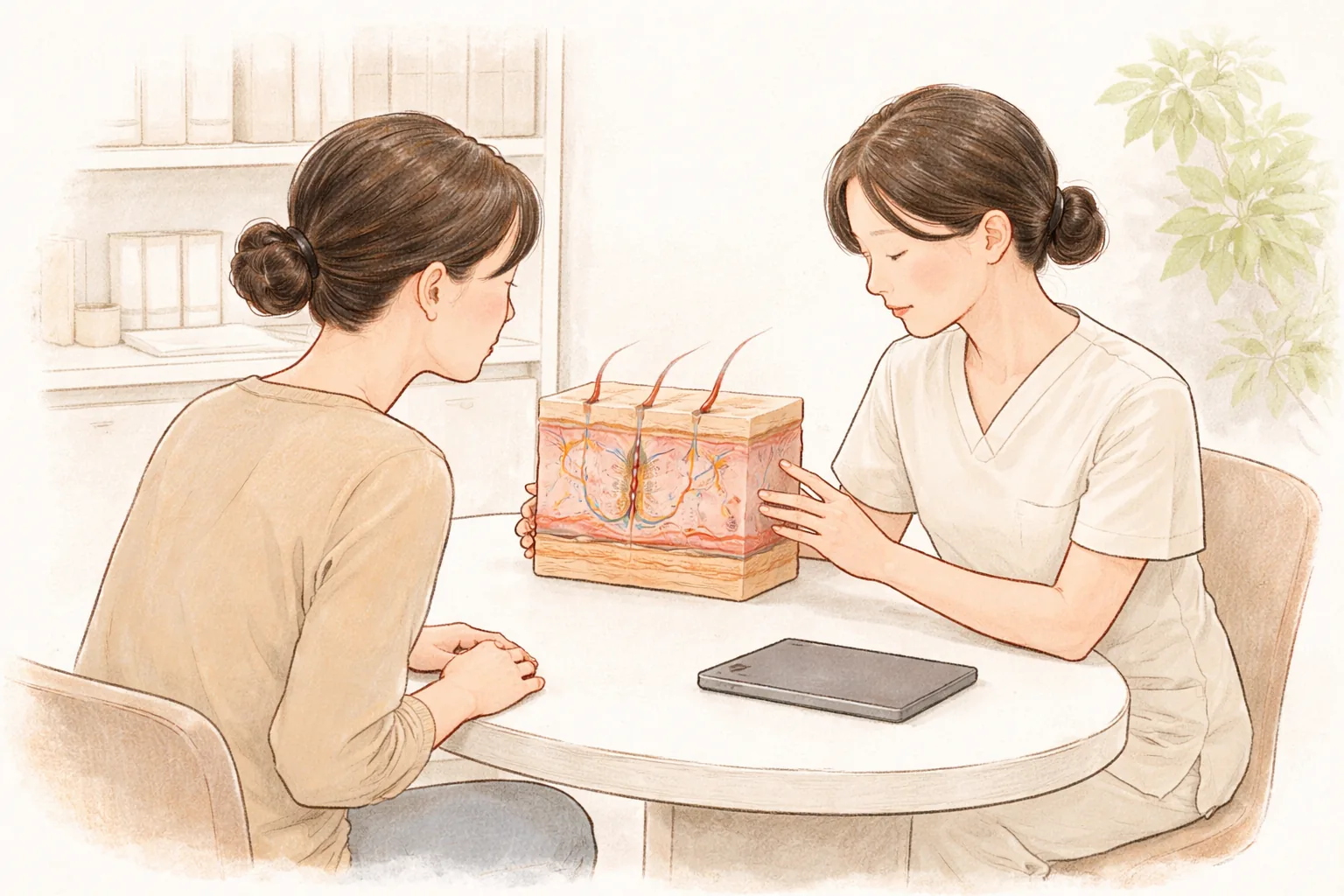 상담 테이블에서 의료진과 여성이 피부 단면 모형을 함께 보고 있음