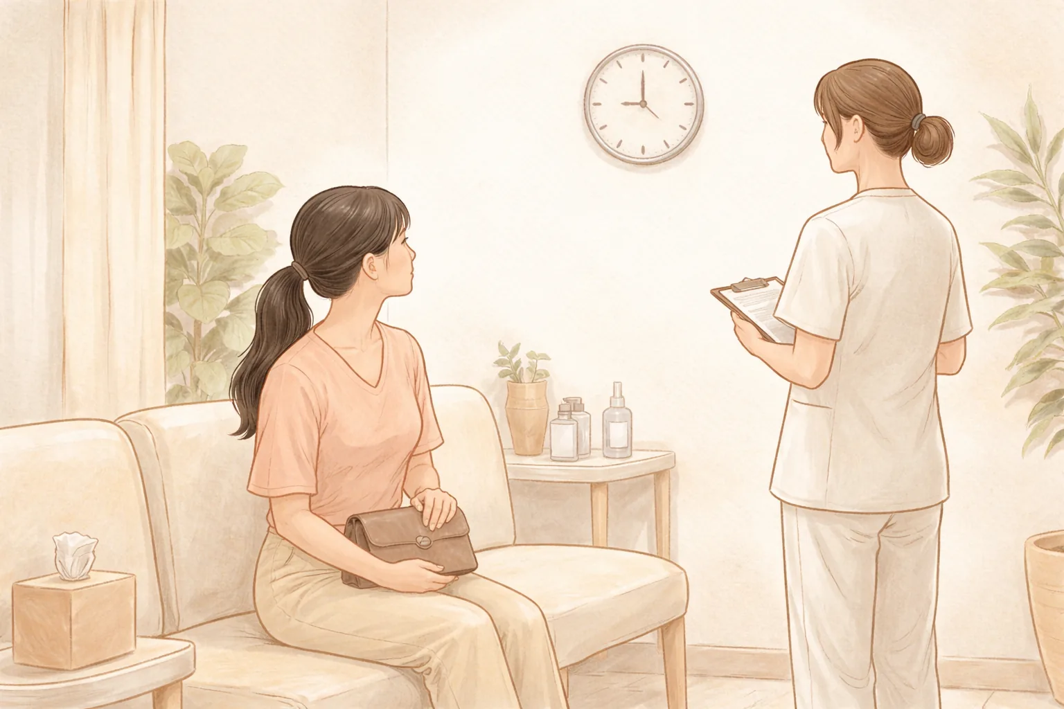 대기실에서 가방을 든 여성이 벽시계를 바라보고 있고, 간호사 복장의 여성도 서 있음