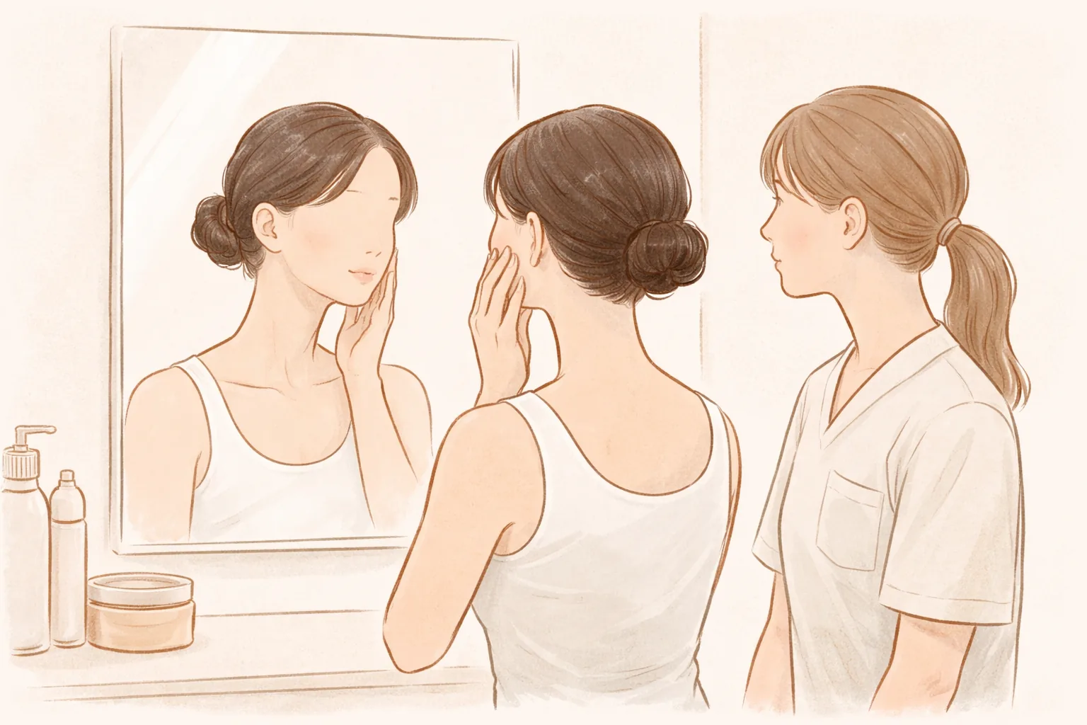鏡の前で頬に触れる女性と、横で見守る医療スタッフ
