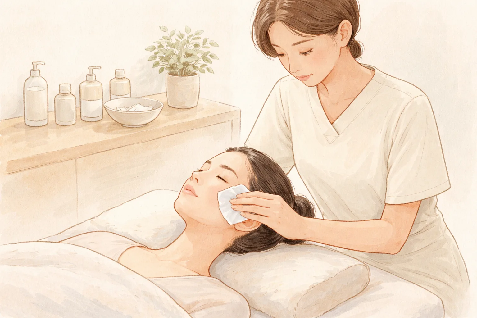 Clinician placing gauze on the cheek of a woman lying on a bed