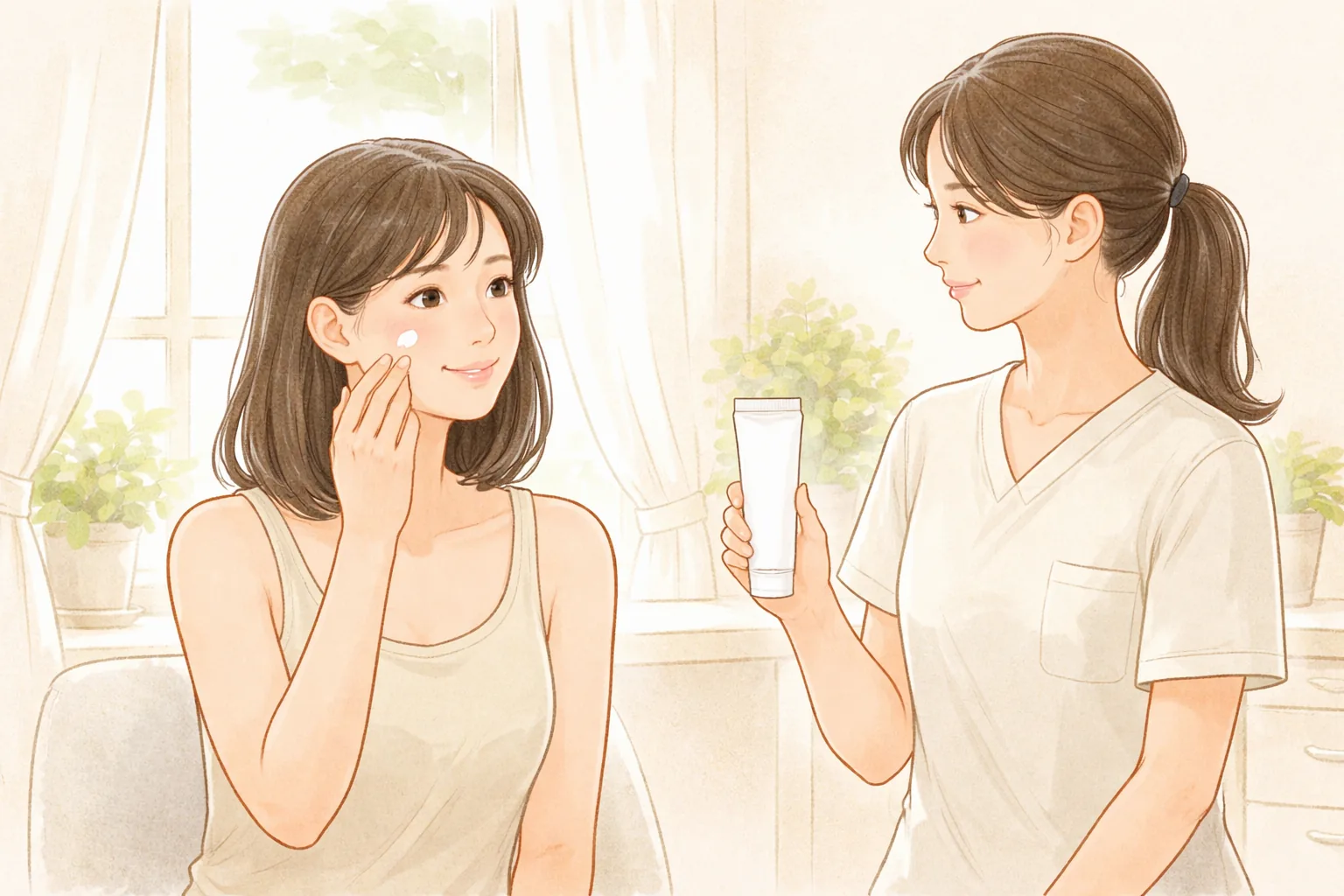 窗边一位女性往脸上涂面霜,另一位拿着面霜