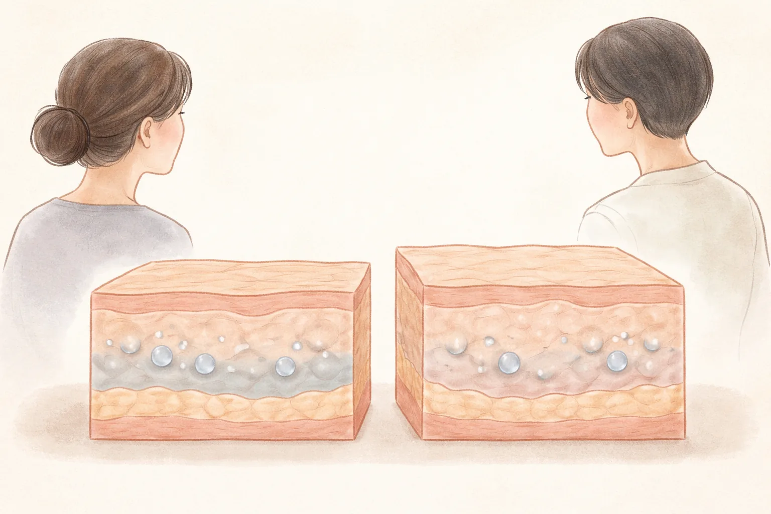 왼쪽과 오른쪽을 바라보는 남녀와 피부 단면에 방울 모양의 물질이 보임