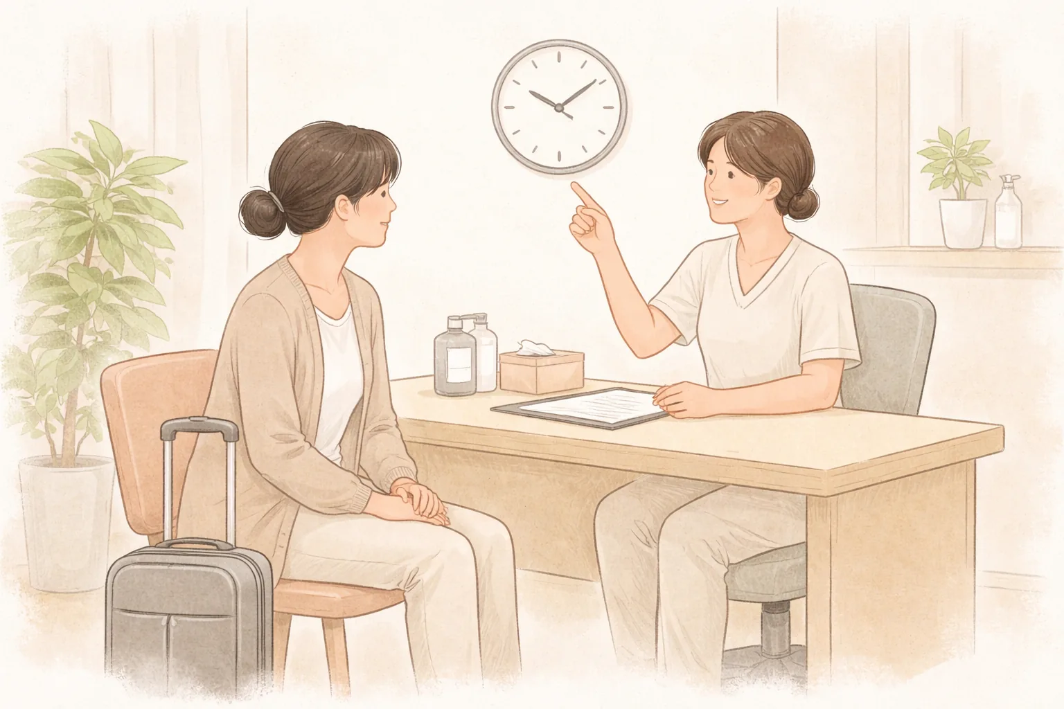 캐리어 옆에 두고 의료진과 상담하는 두 여성