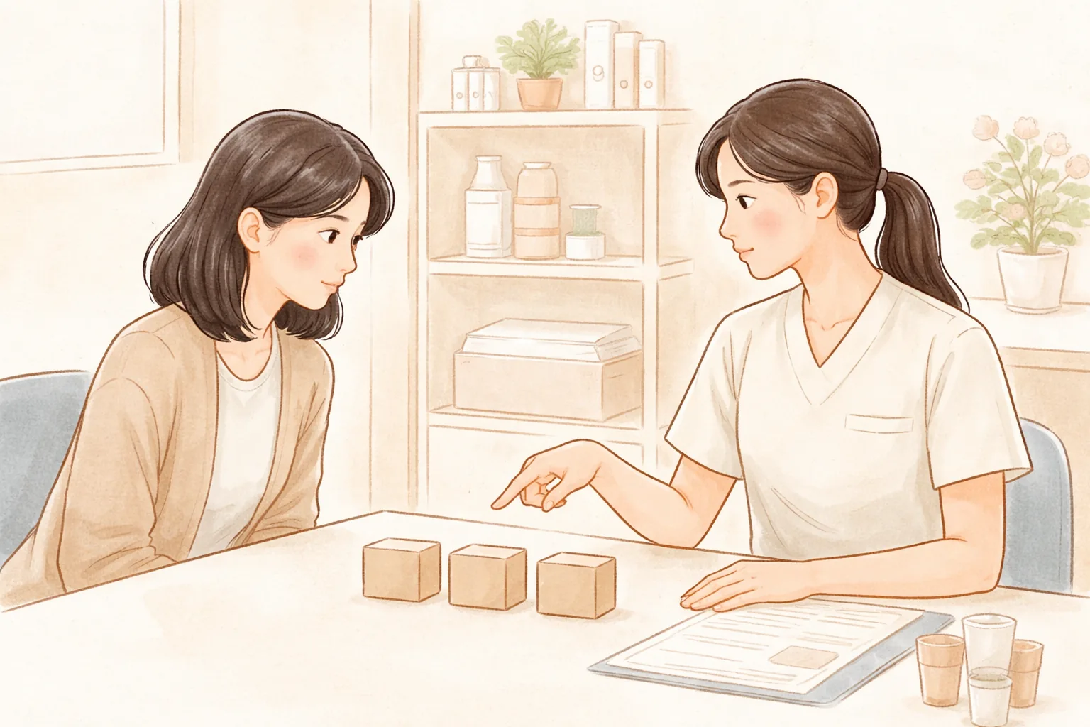 两位女性相对而坐,其中一位像是医护人员,桌上摆着三块木块