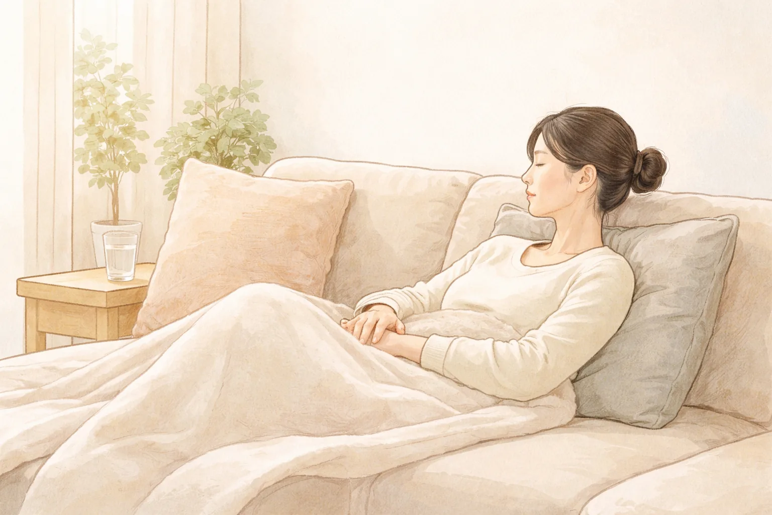 女性蓋著毯子在沙發上休息,一旁桌上有水杯與盆栽