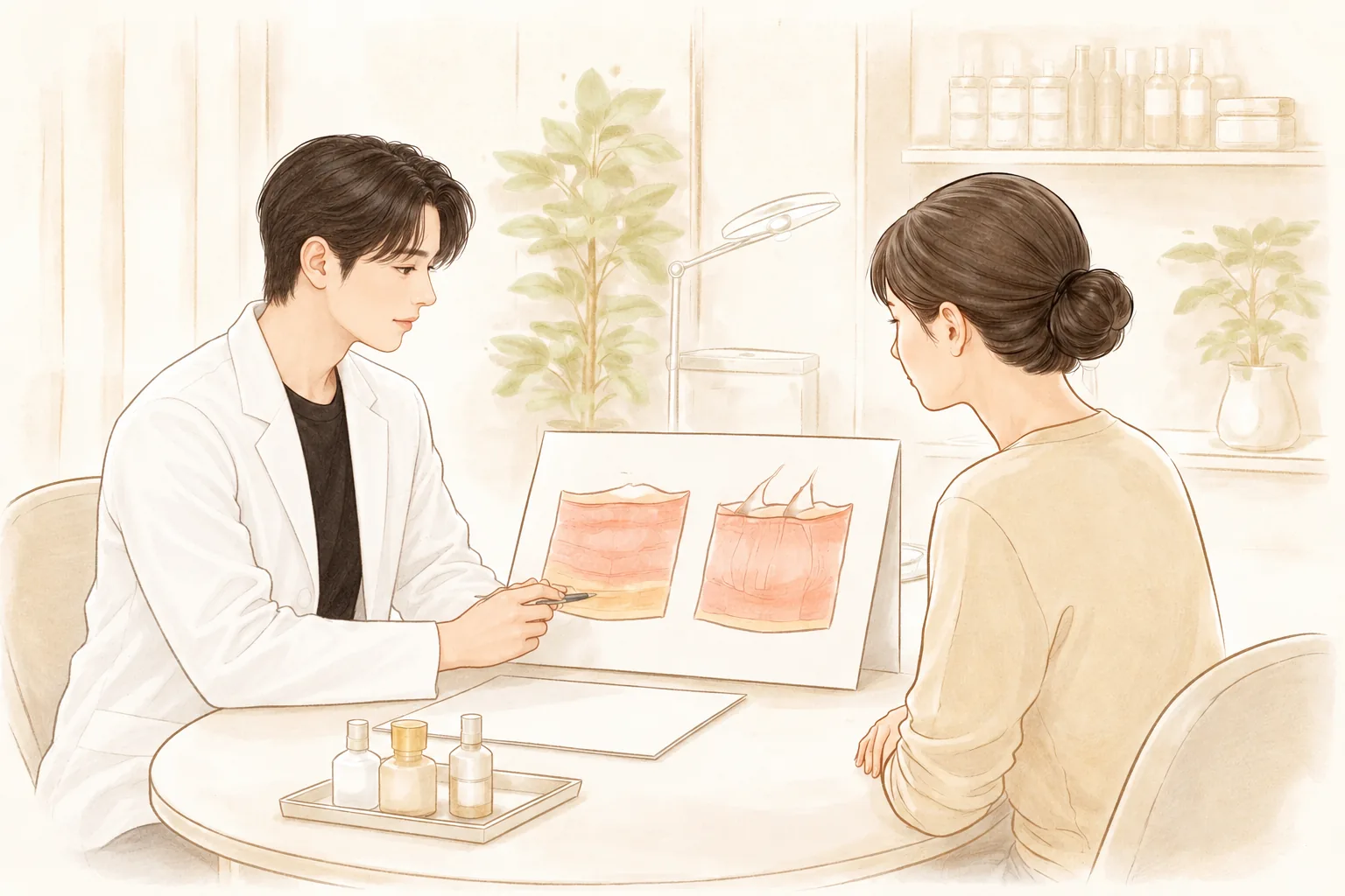 남성 의료진이 피부 도표를 보이며 여성 환자에게 설명하는 장면