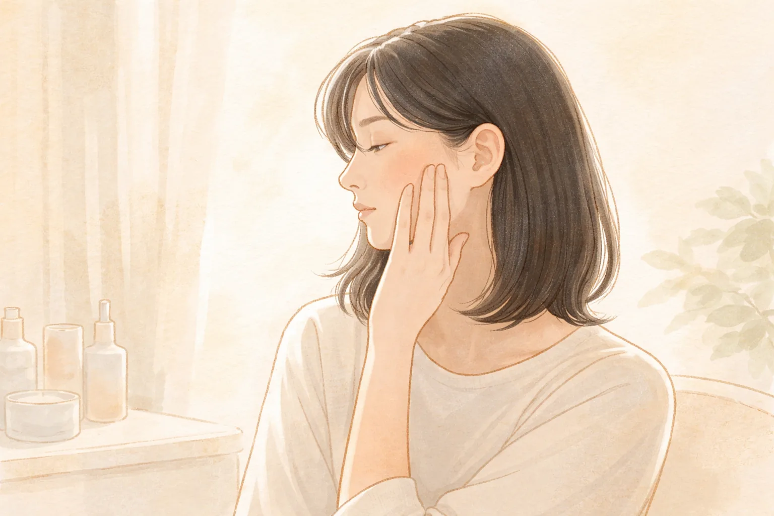 女性が指先で頬をやさしく触れている様子