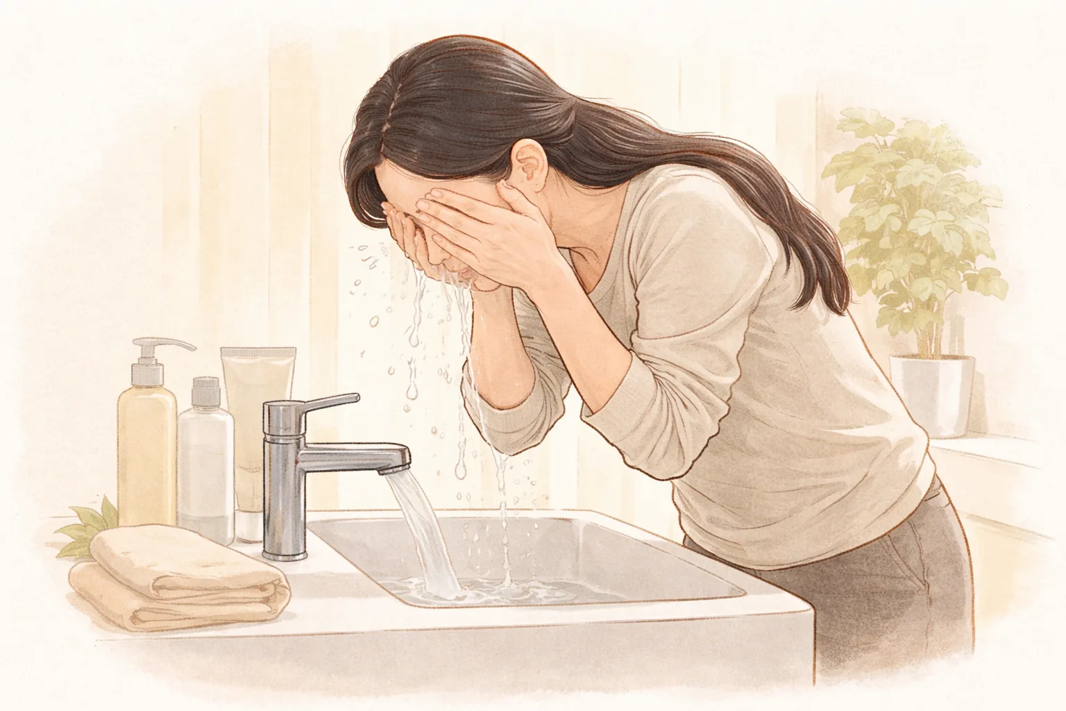 A long-haired woman washing her face with water at a sink