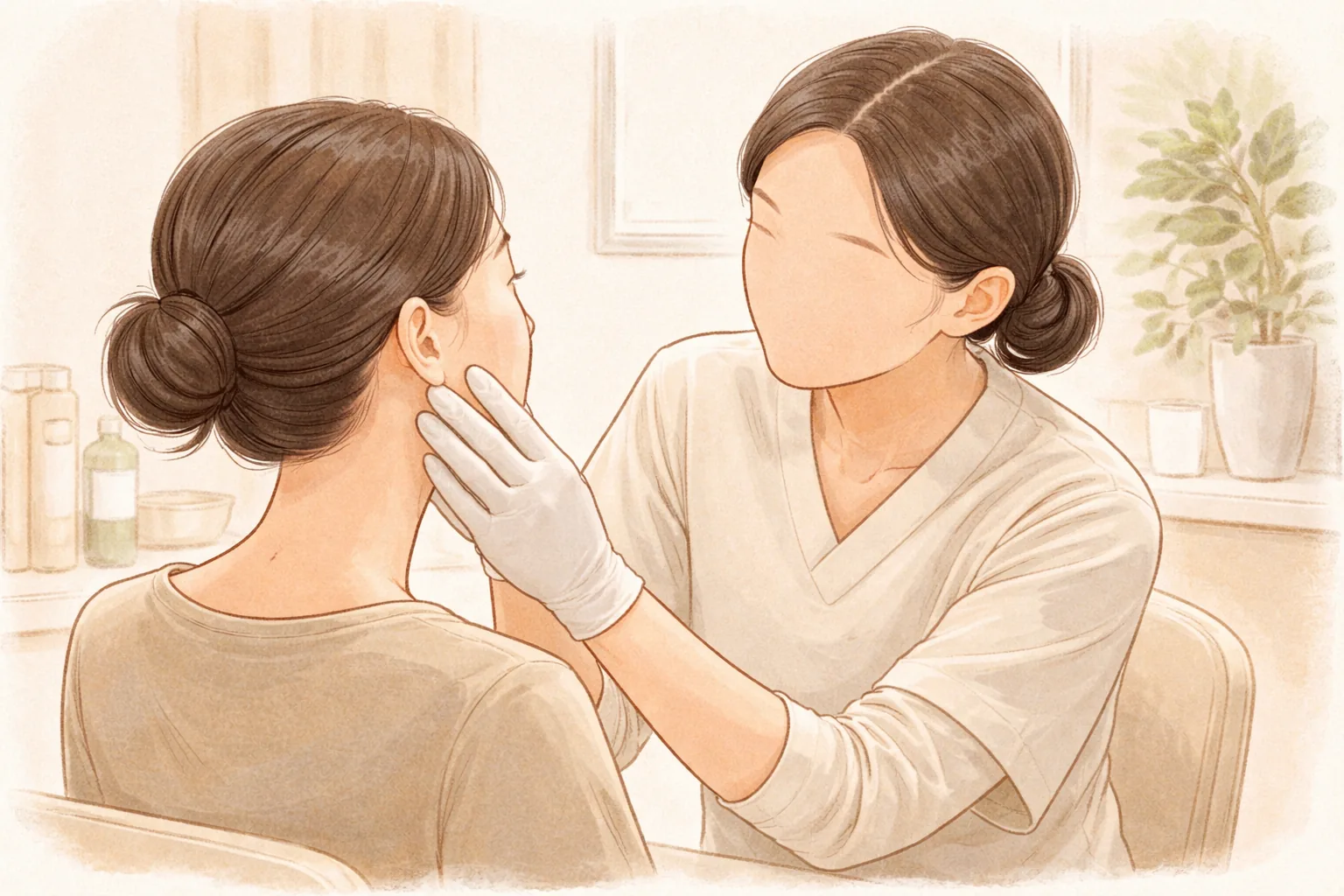 Gloved clinician examining a patient's cheek