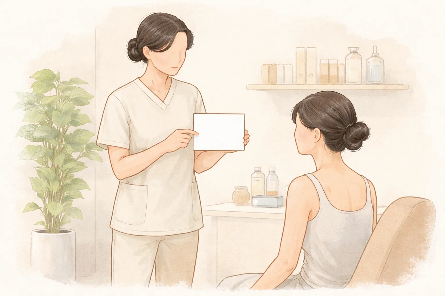 Clinician showing a recovery guide while a female patient sits facing her