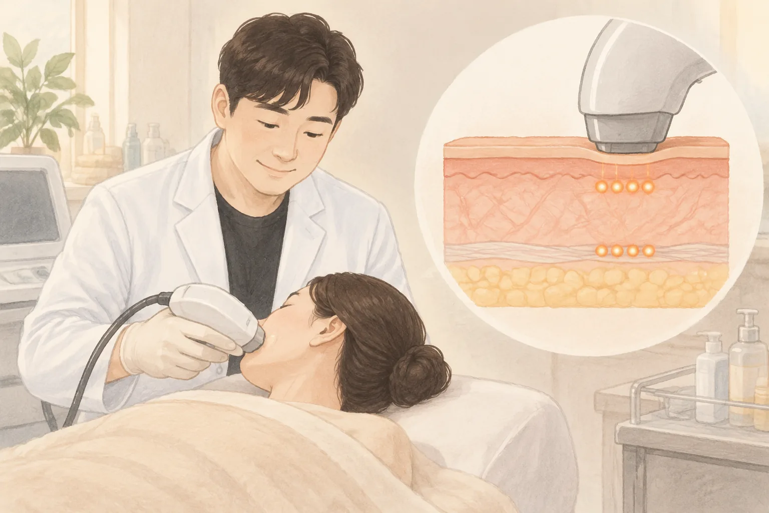 女性の顔に医療機器を当てる男性医師と皮膚断面の拡大画像
