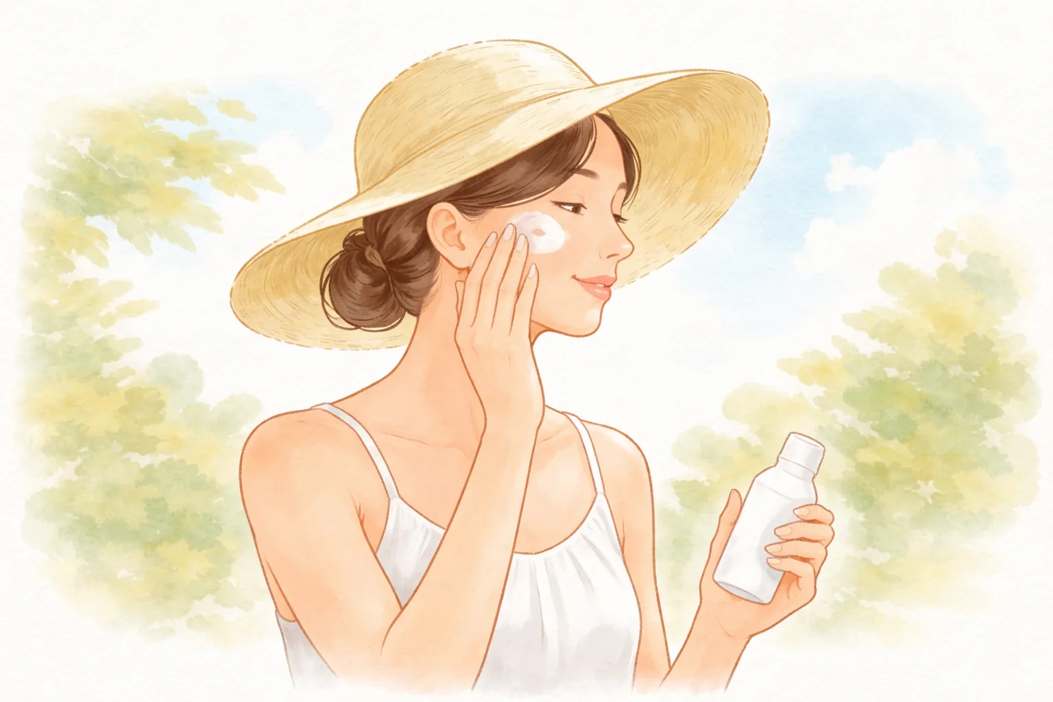 つばの広い帽子をかぶった女性が手に持った容器から中身を出して顔に塗る様子