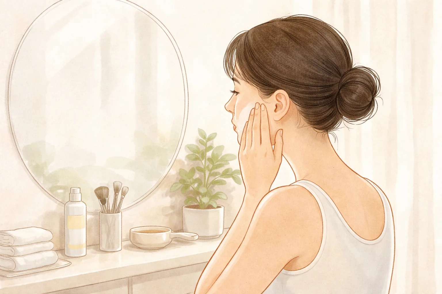 鏡の前で頬に日焼け止めを塗る女性の手とドレッサー