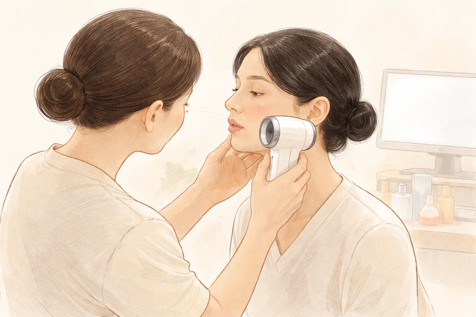 Skin analysis camera being held near a woman's cheek and lip
