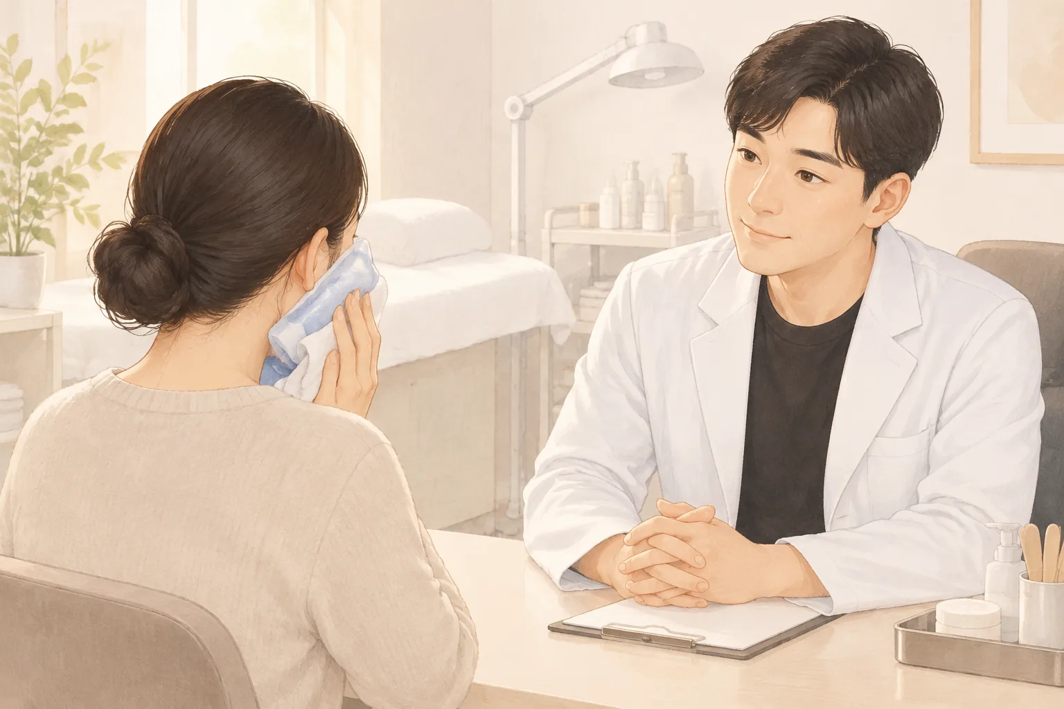 남성이 앉아 있는 테이블 맞은편에서 여성이 차가운 젤팩을 볼에 대고 있음