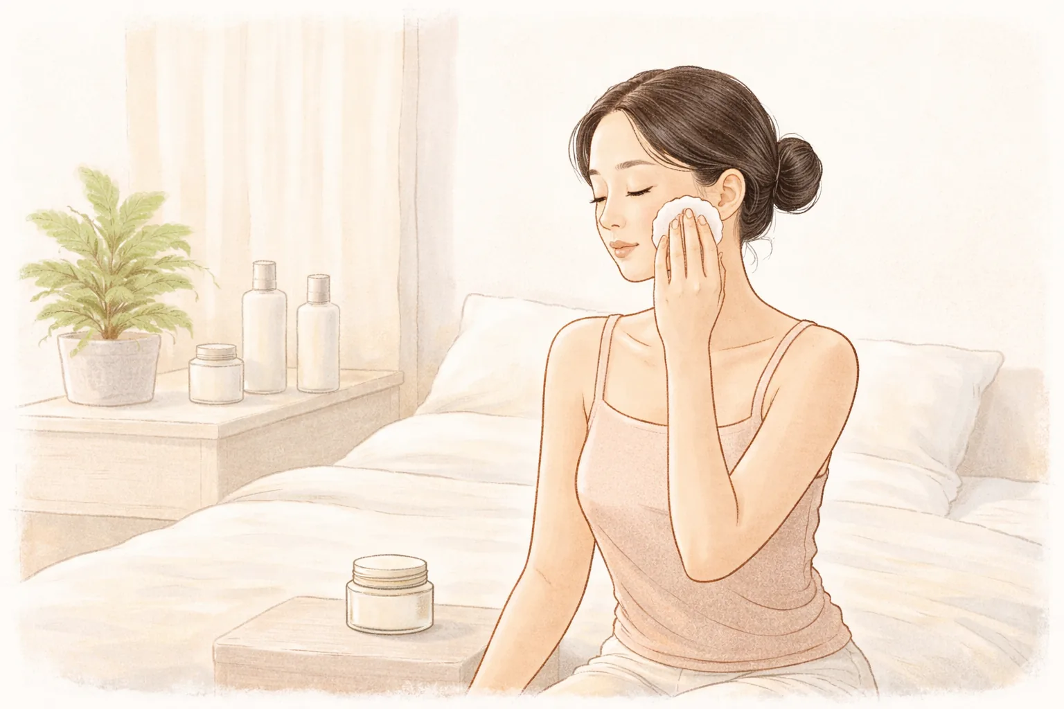 침대 가장자리에 앉아 화장솜으로 볼을 두드리는 여성