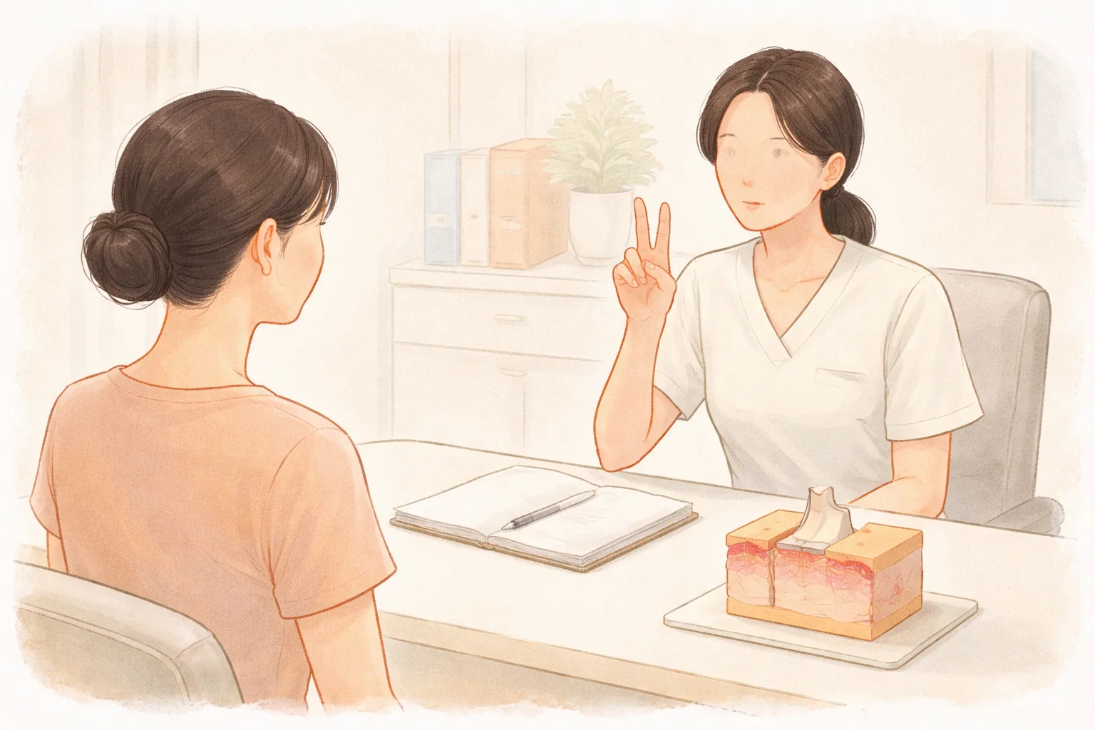 두 손가락 간격을 보이며 설명하는 의료진과 이에 귀 기울이는 여성
