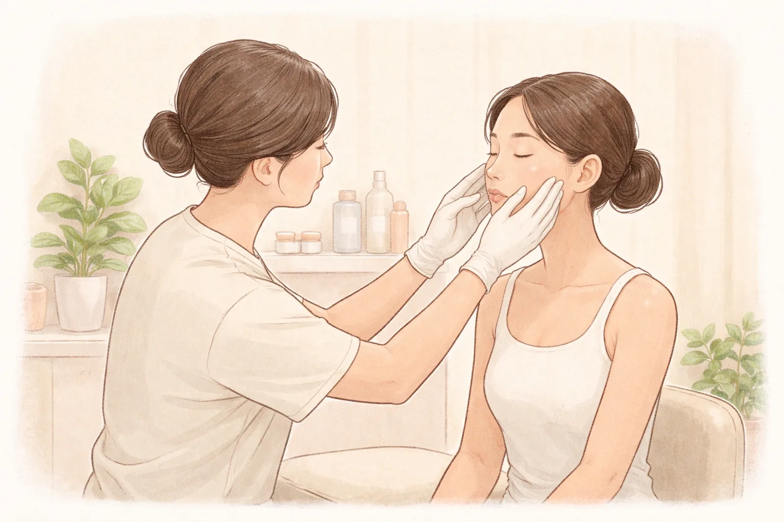 手袋をした医療者が座っている患者の頬を診る様子