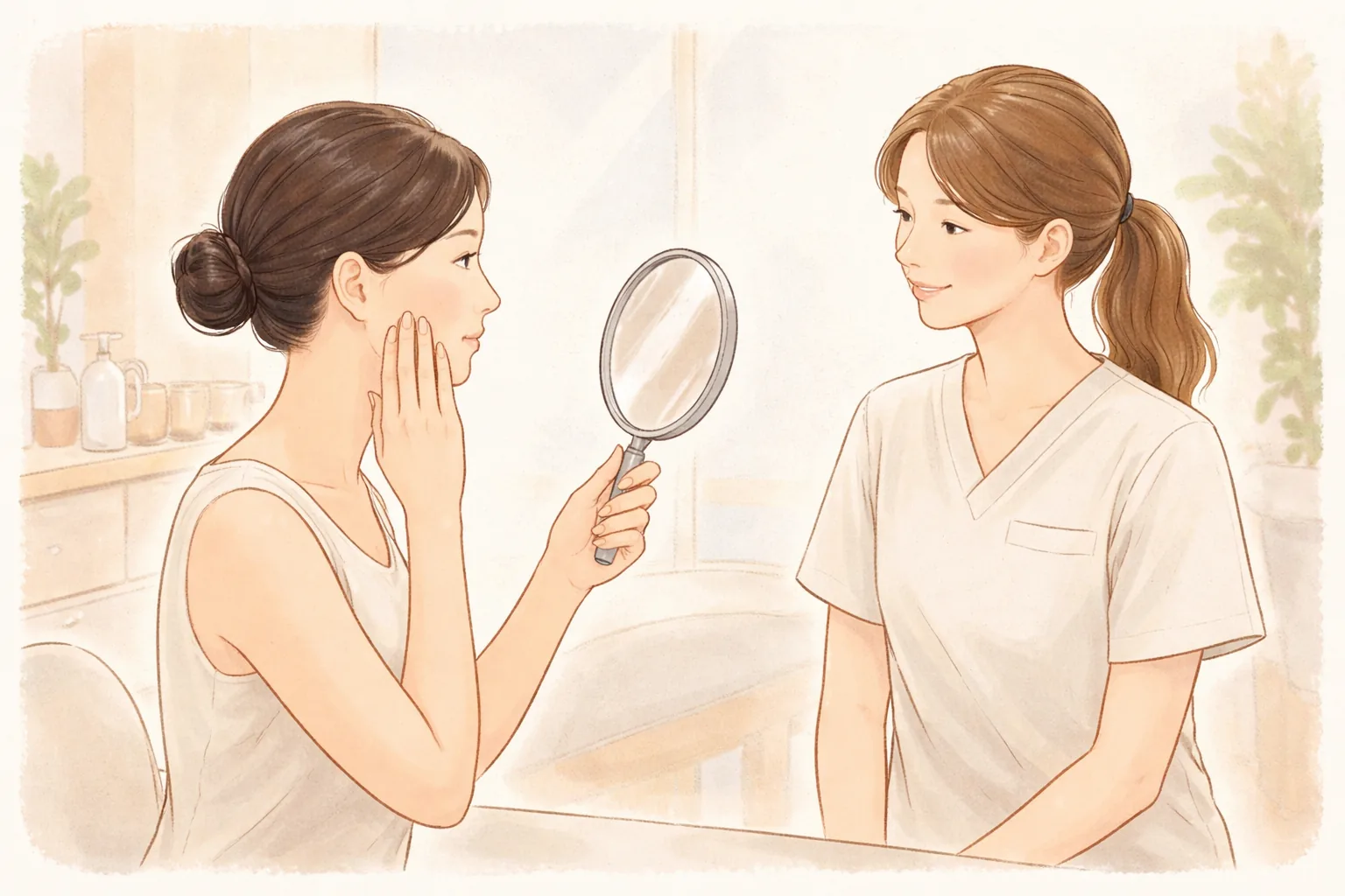 Mujer tocándose la mejilla frente al espejo mientras una profesional de salud la observa
