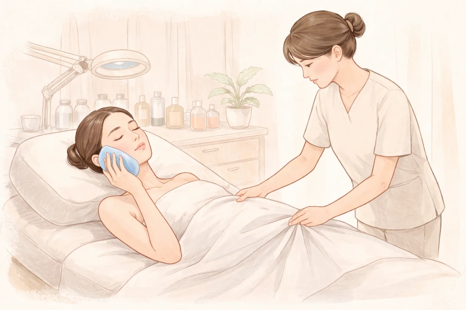 ベッドに横になって頬にジェルパックを載せている女性と横で見守る看護師