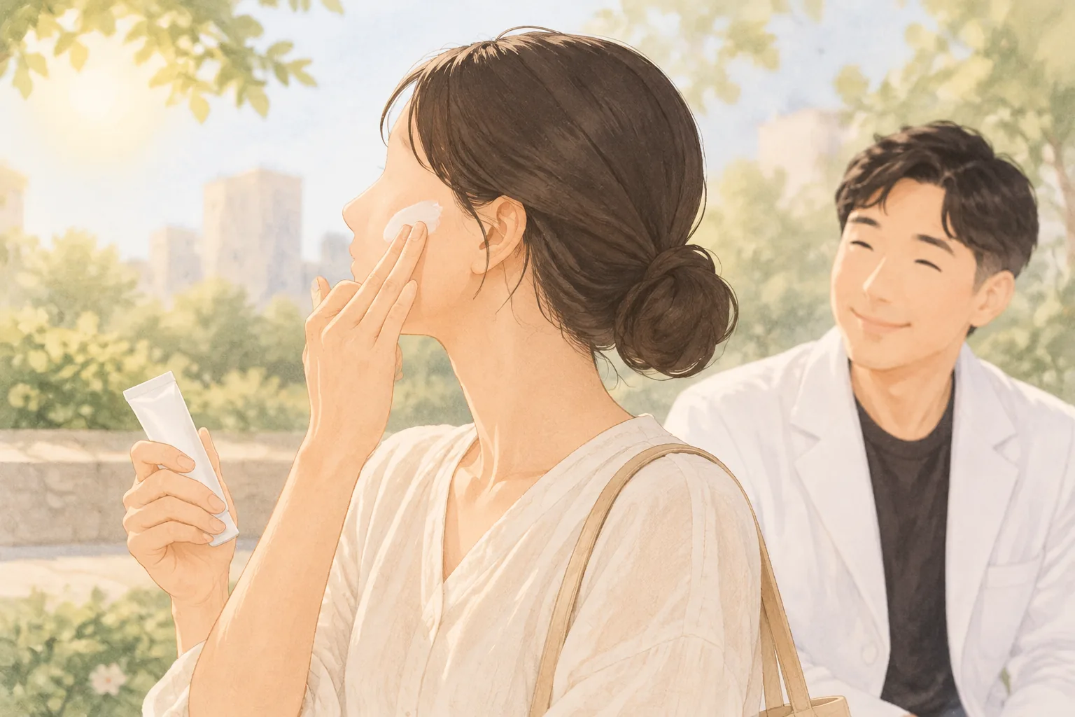 야외에서 자외선 차단제를 손에 덜어 볼에 바르는 여성과 뒤에서 웃고 있는 남성