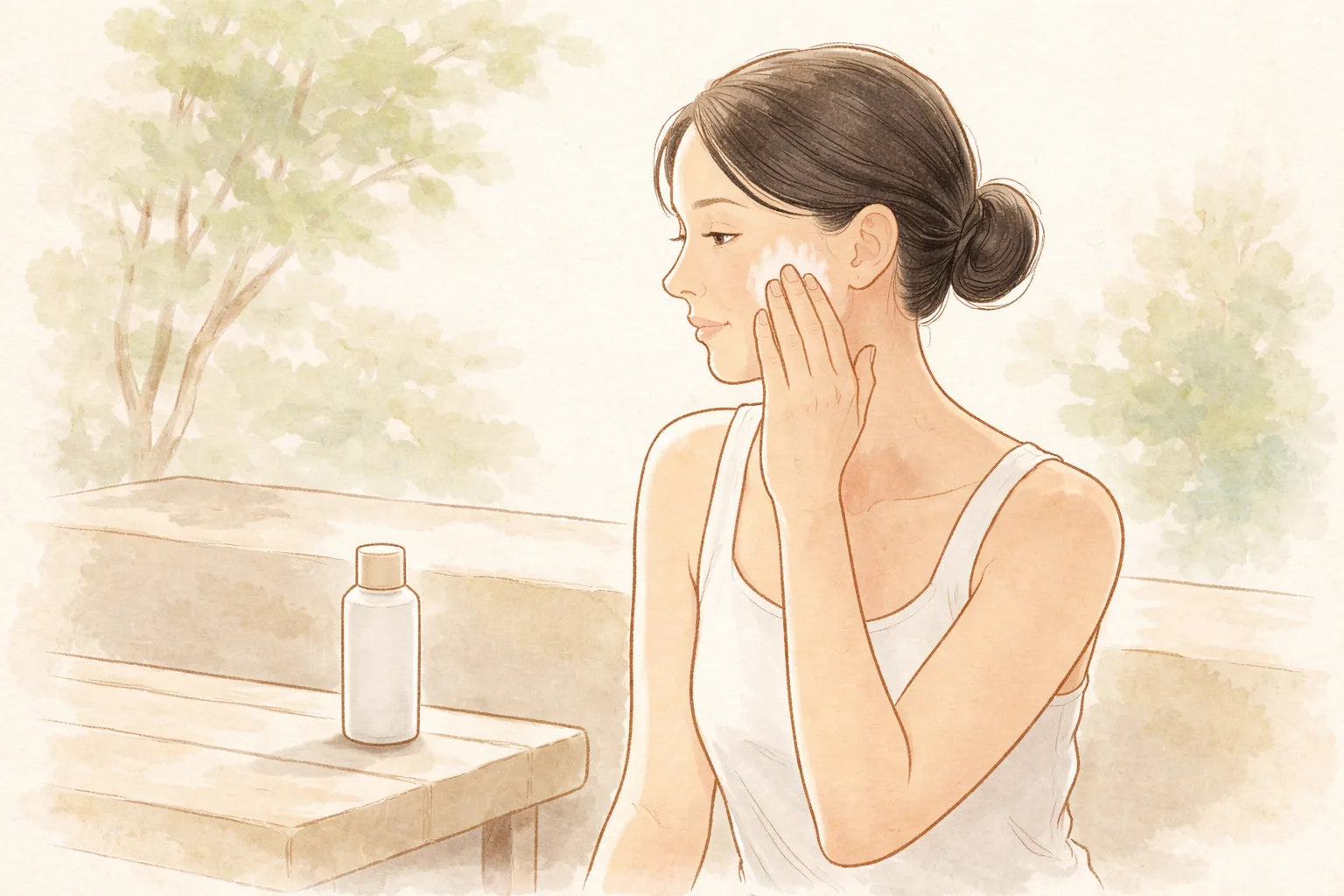 Long-haired woman sitting beside a table with her hand on her cheek