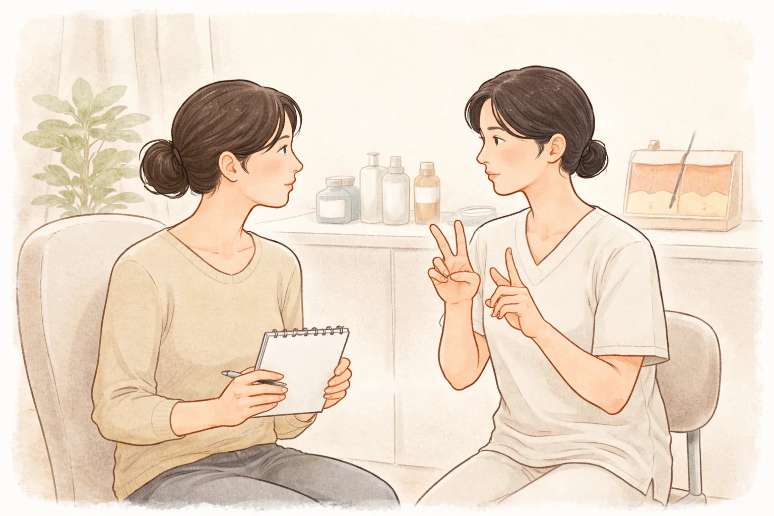 手持笔记本的女性与用手指说明的两位医生