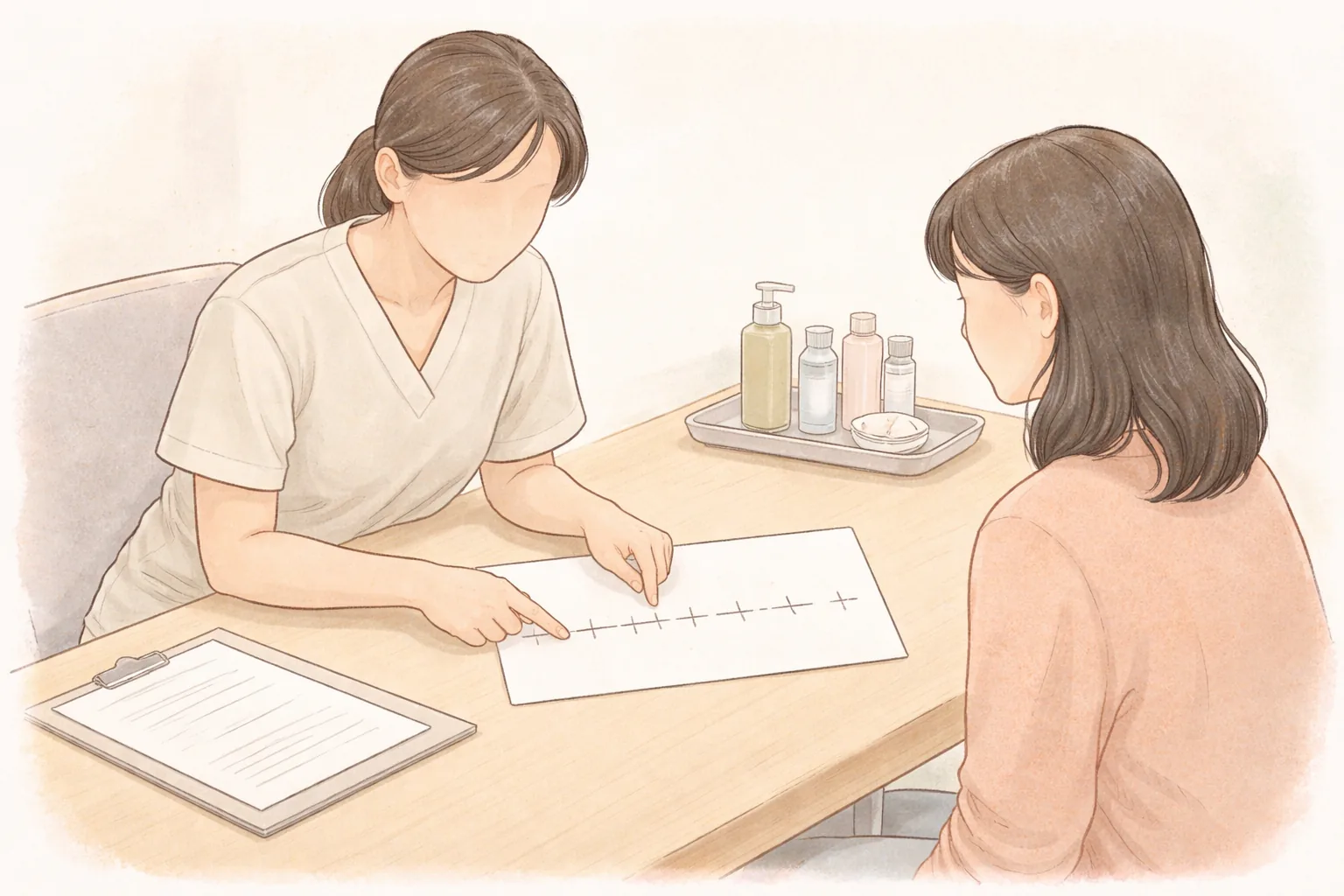 醫療人員與女性患者坐在桌前,指著時間軸卡片說明