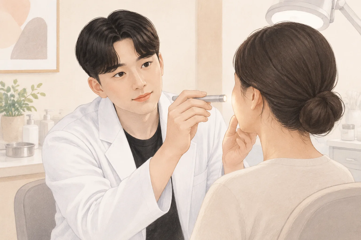 펜라이트로 여성의 볼을 살피는 남성 의사와 환자 모습