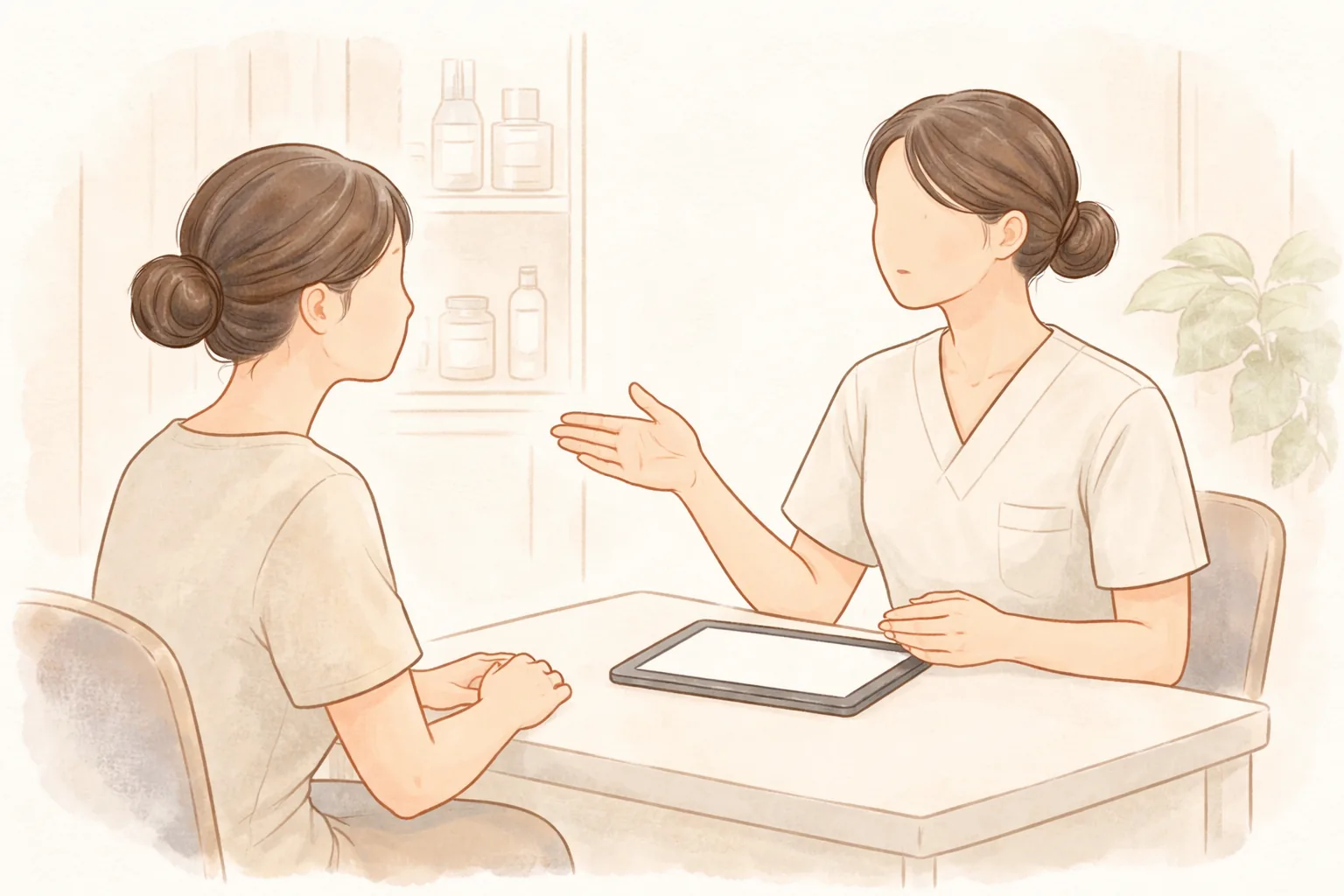 小さなテーブルを挟んで向かい合って話す二人の女性
