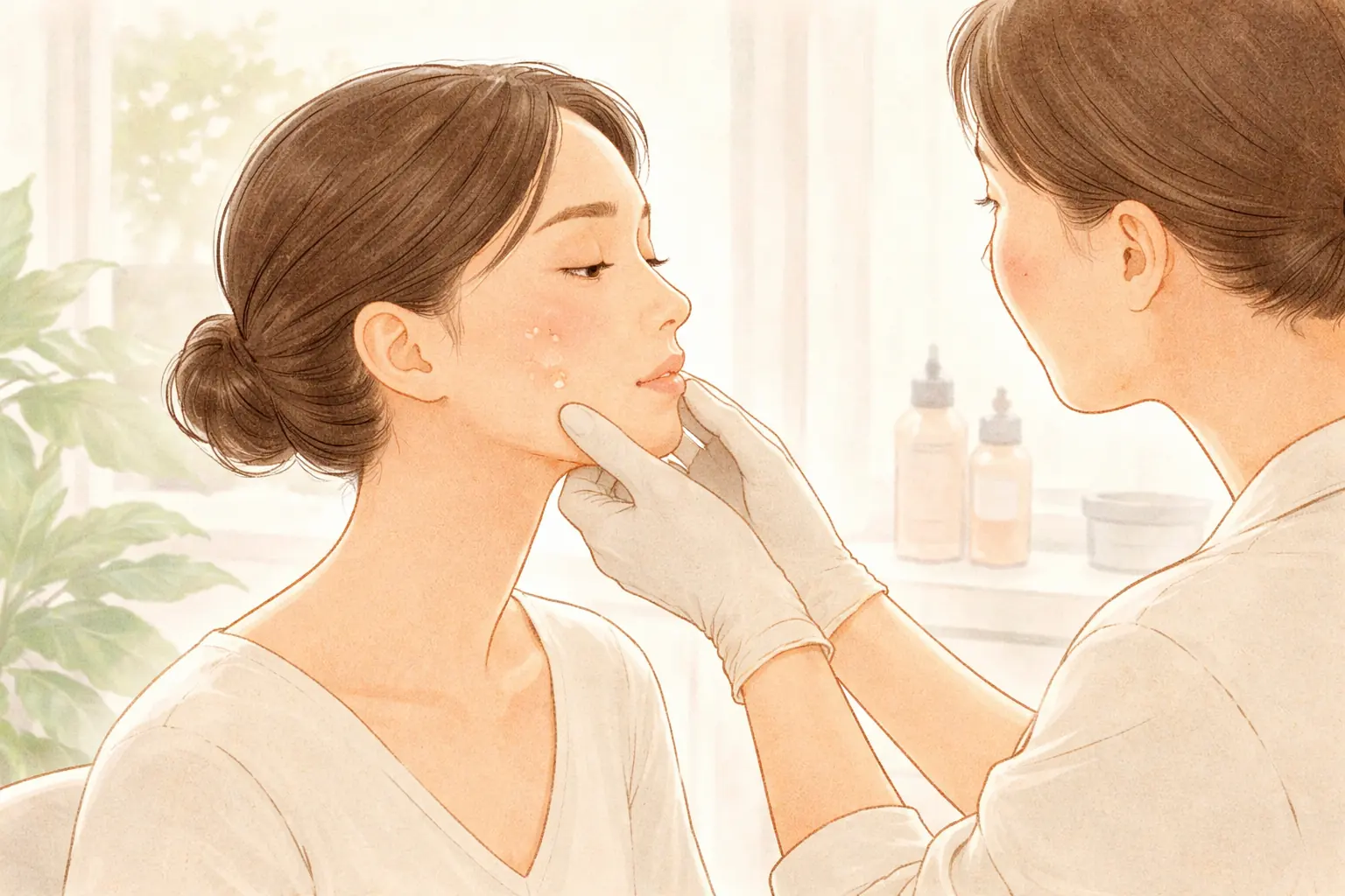 Gloved clinician examining a woman's face while supporting her chin