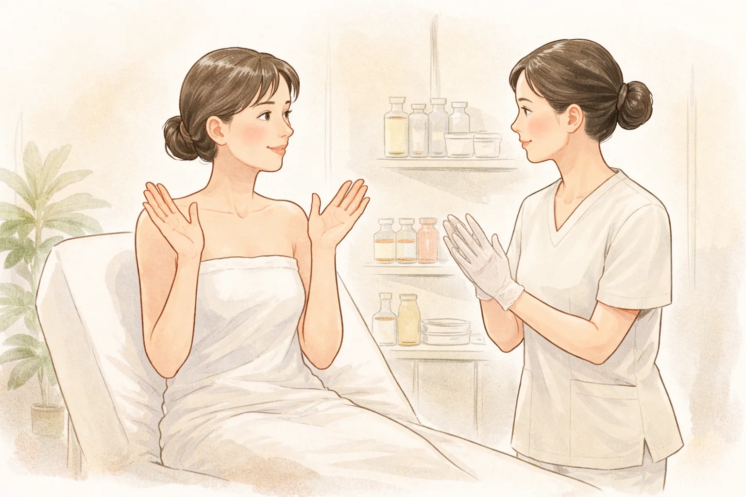 女性坐在诊室椅子上举起双手，医护人员点头交谈
