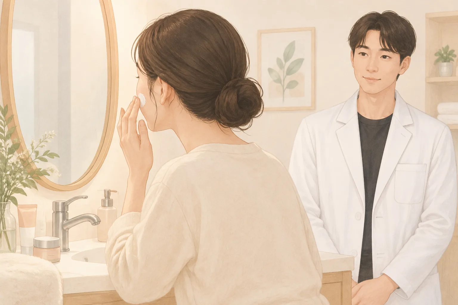 욕실 거울 앞에서 볼에 보습제를 바르는 여성과 그 옆에 선 남성