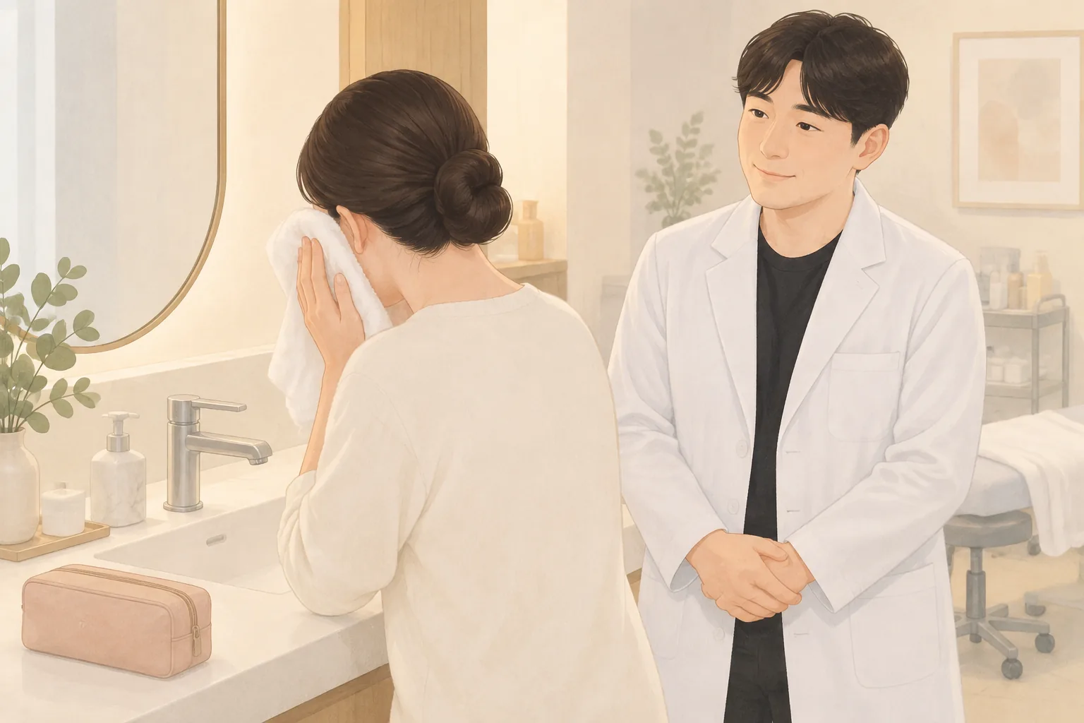 洗顔後に鏡の前でタオルで顔を拭く患者と、白衣で見守る男性