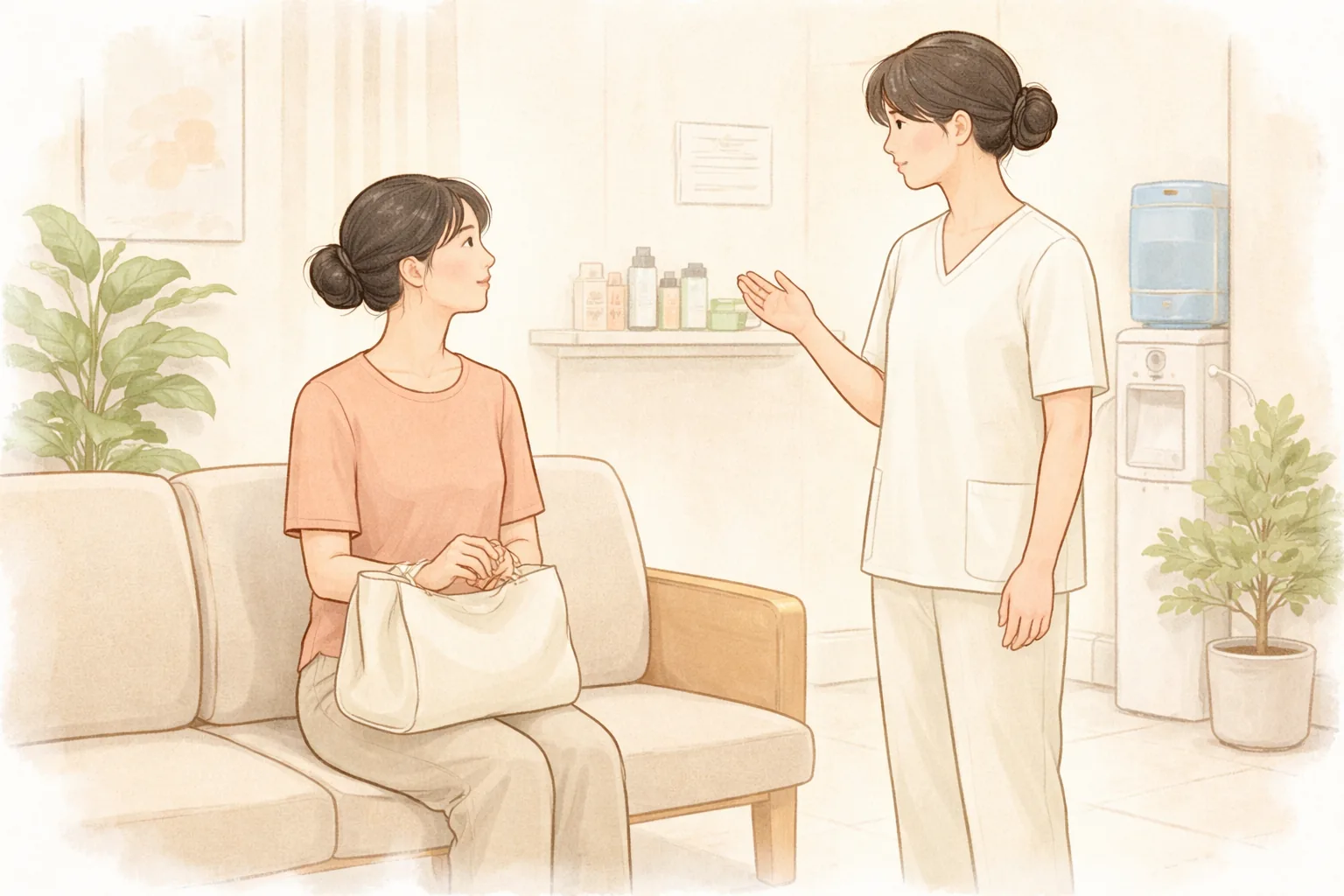 待合室のソファに座ってバッグを持つ女性と、立って話す女性の医療スタッフ