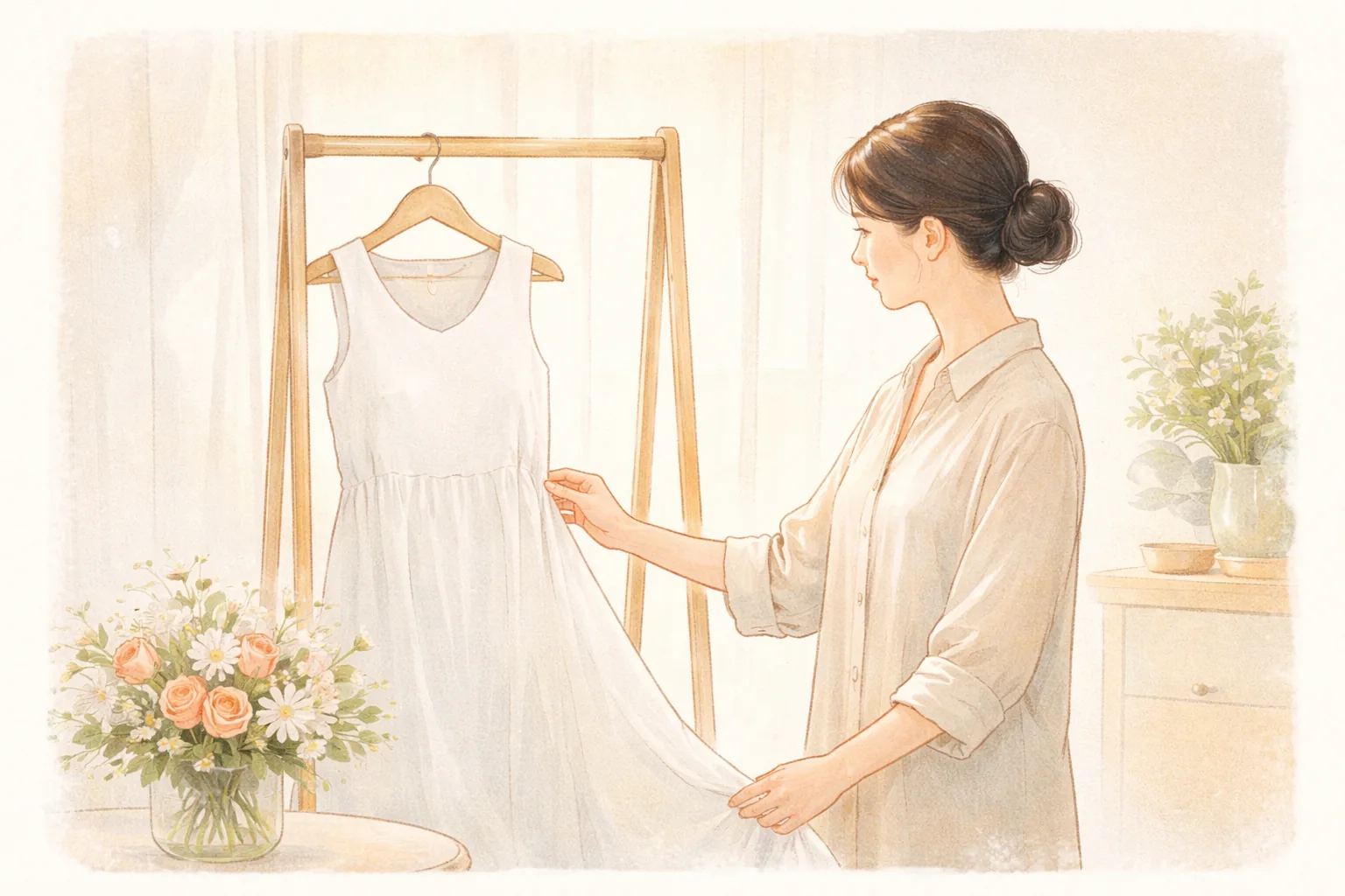 Woman touching a white dress in a bright room with a bouquet nearby