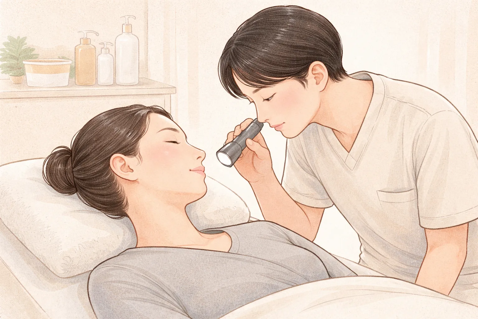 손전등으로 여성 환자의 볼을 살피는 의료진