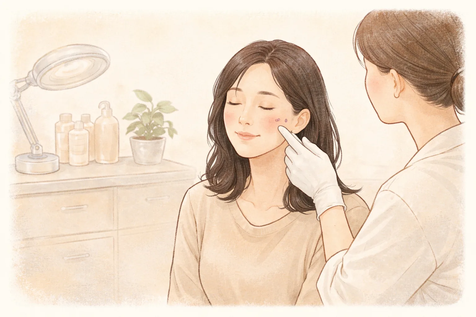 手袋をした医療従事者が女性の頬をそっと押して確認する様子