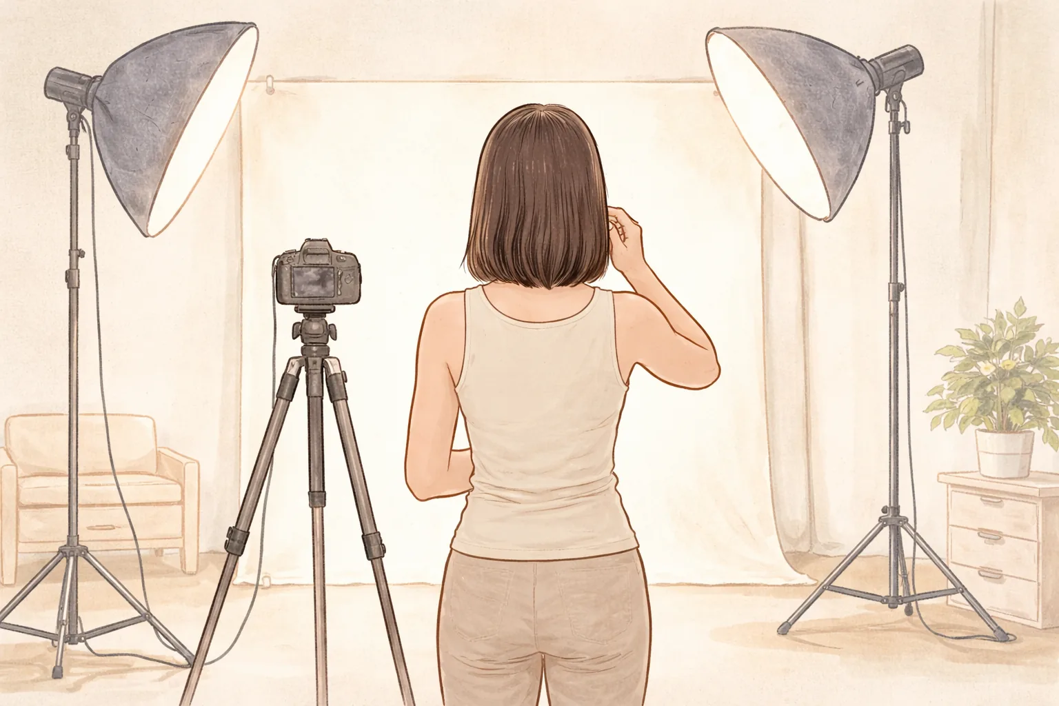 스튜디오 조명 아래 카메라 앞에 서 있는 뒤모습의 여성
