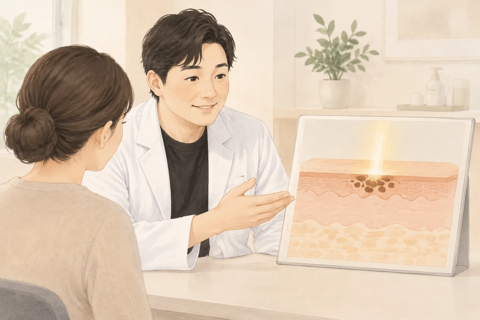 검은 머리 흰 가운 남성이 피부 단면 그림을 여성에게 설명하는 모습