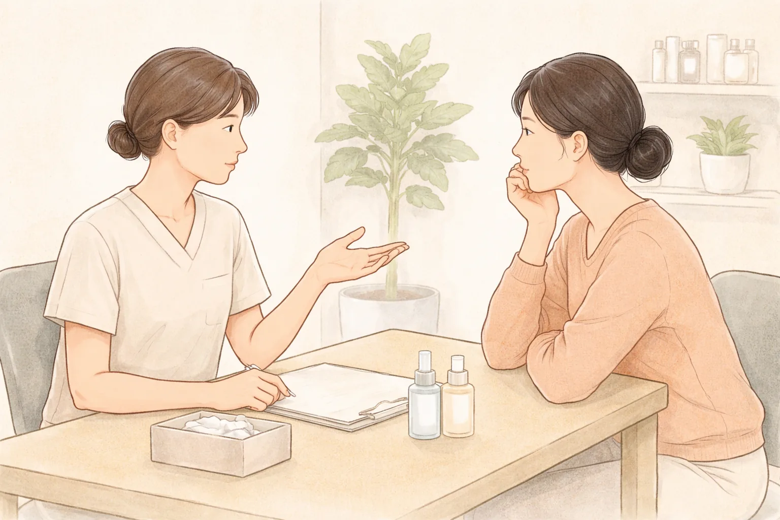 Two women sitting across a desk in a consultation room with items on the table