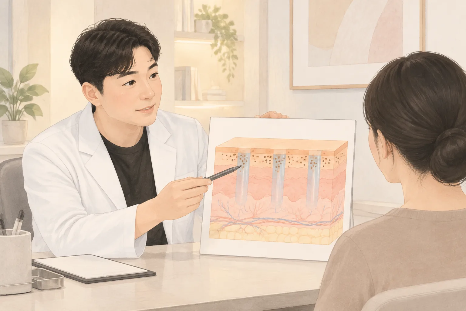남성 의사가 여성 환자에게 피부 단면 그림을 설명하는 모습