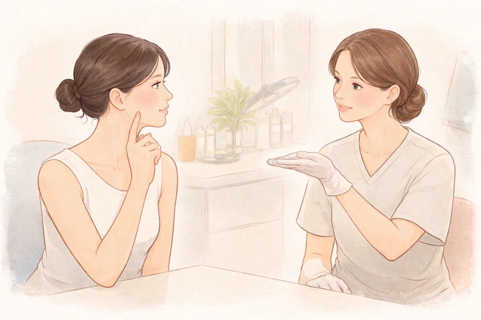 诊室里女性指尖触碰面颊，医护人员摊手与之交谈