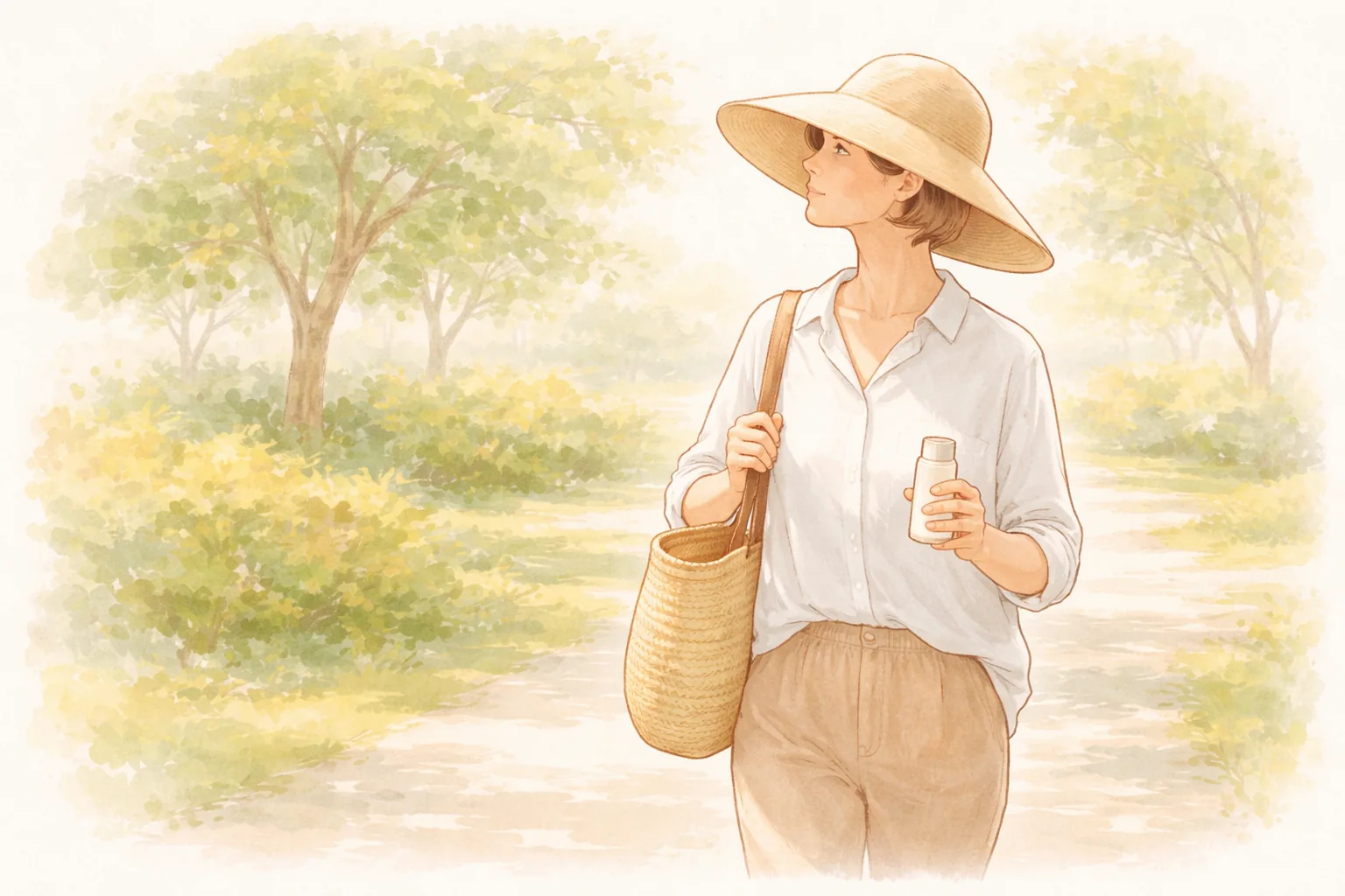 Woman walking on a forest path wearing a wide-brimmed hat and holding a small bottle