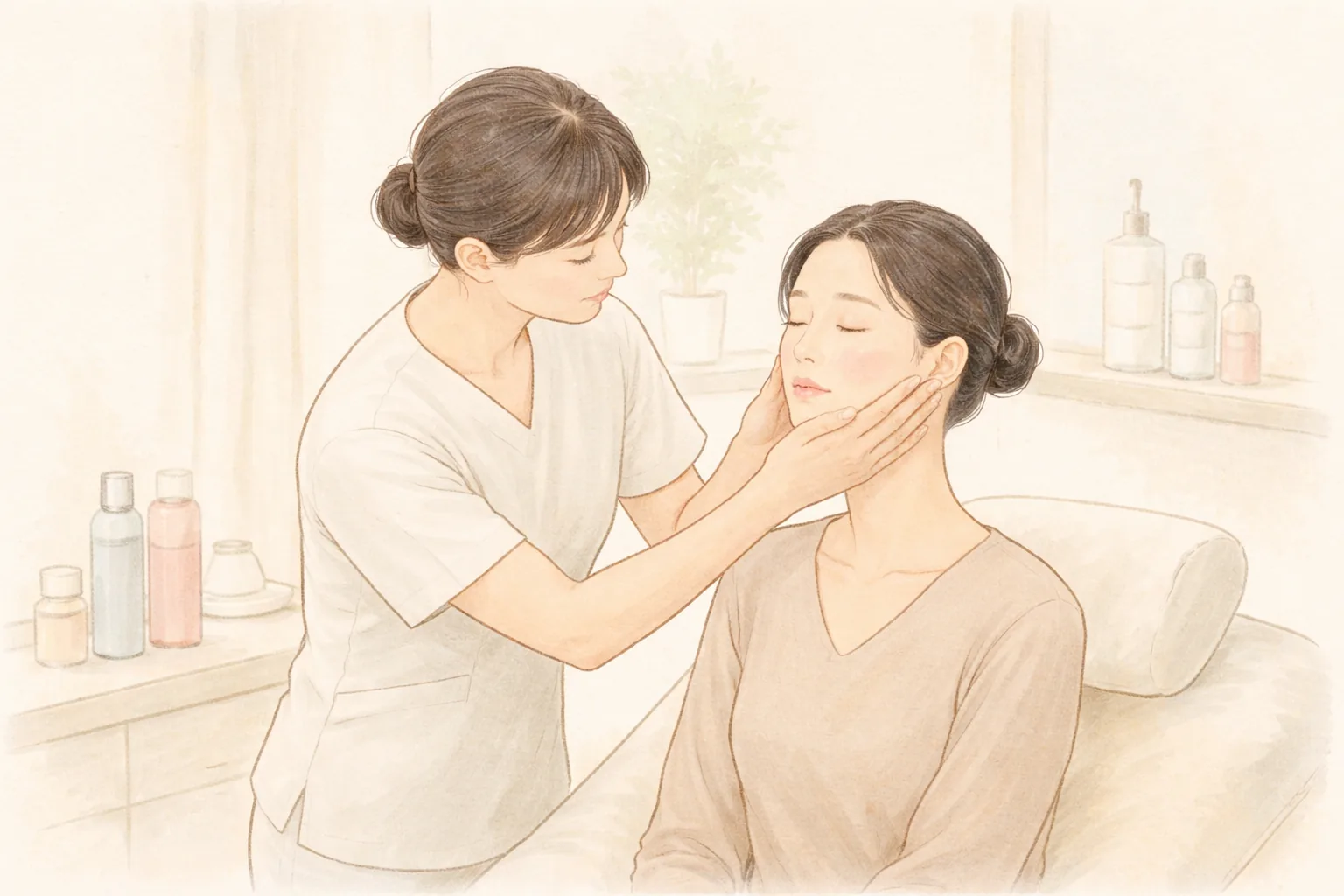 Una profesional de la salud examina con ambas manos el rostro y la línea mandibular de una mujer sentada