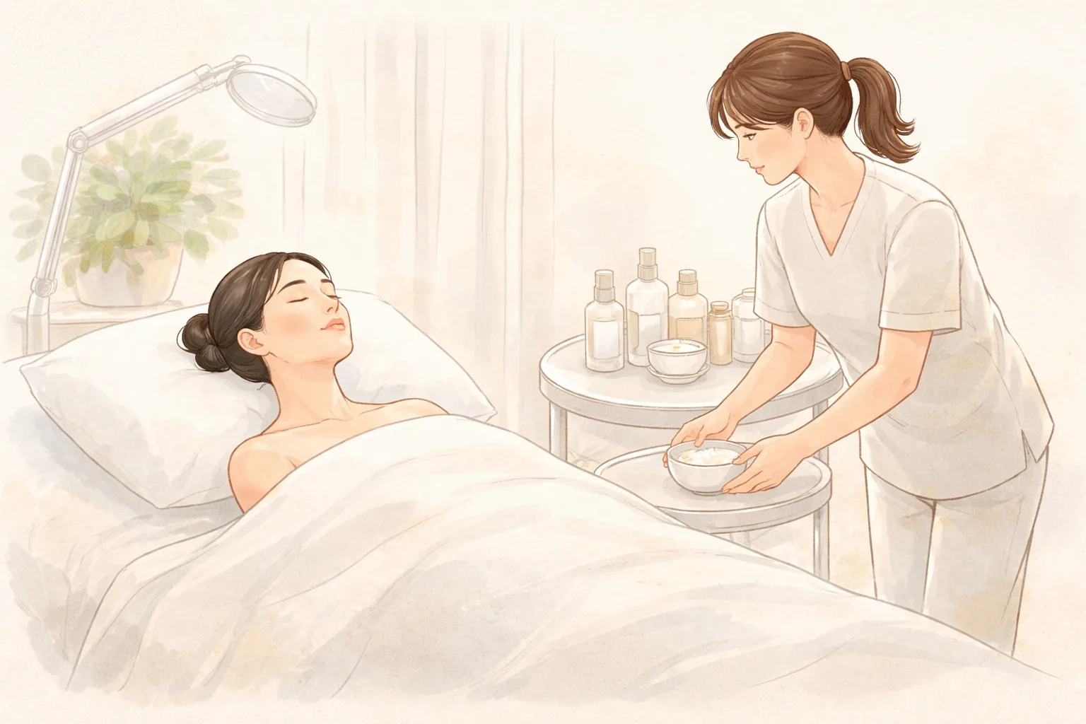 躺在療程床上的女性閉著眼，醫療人員在一旁準備白色藥膏