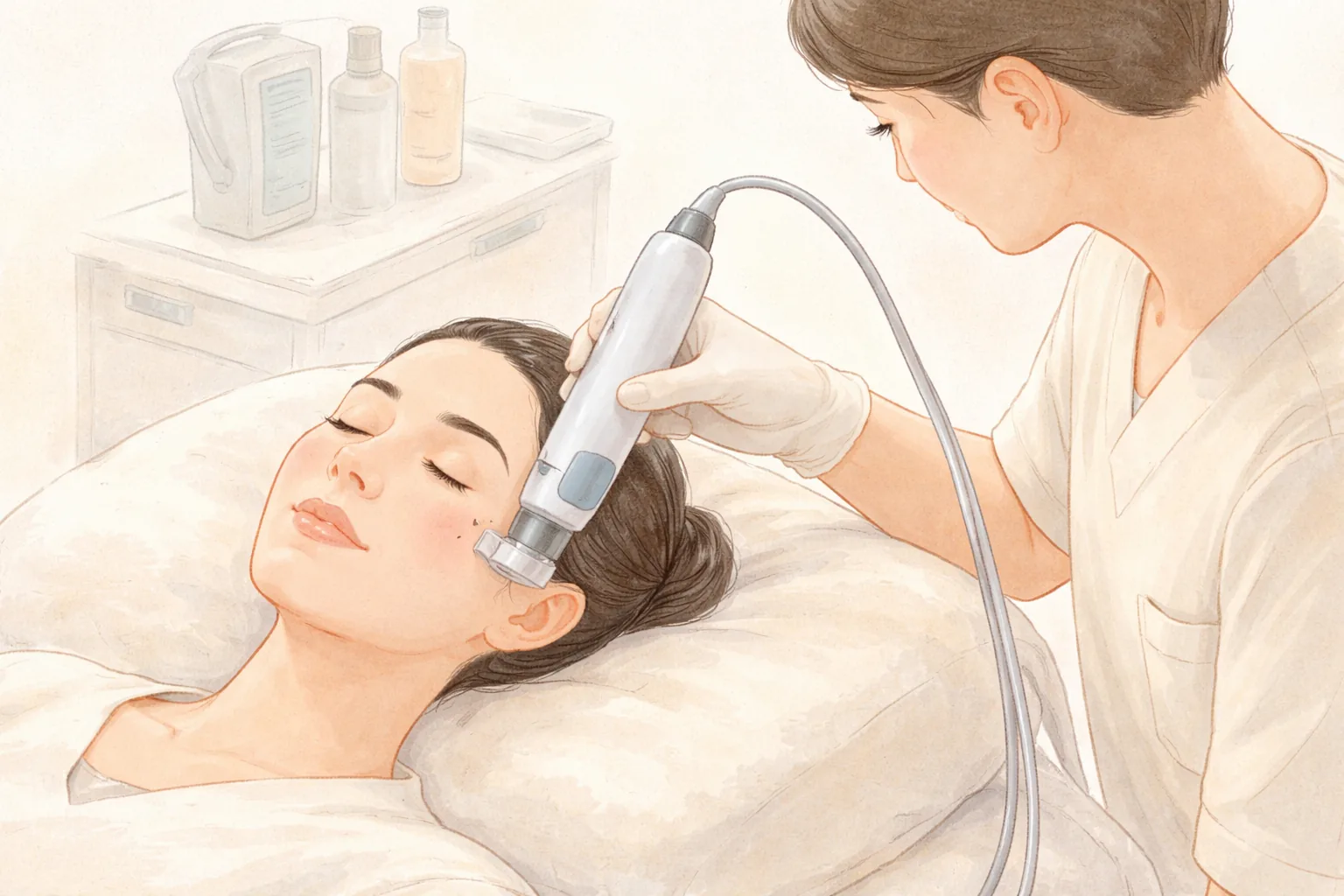 手袋をした医療スタッフが横たわる女性の頬付近でレーザー機器を使用する様子