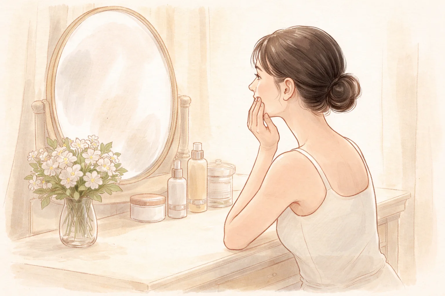 女性坐在鏡子前摸著臉頰,旁邊有白色花束與化妝品