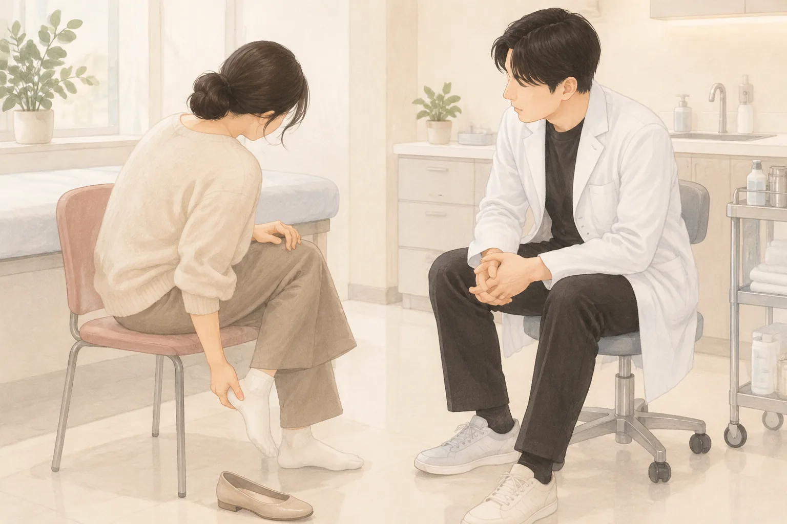 かかとを触って不快そうにする女性と、その前で見守る男性の室内風景